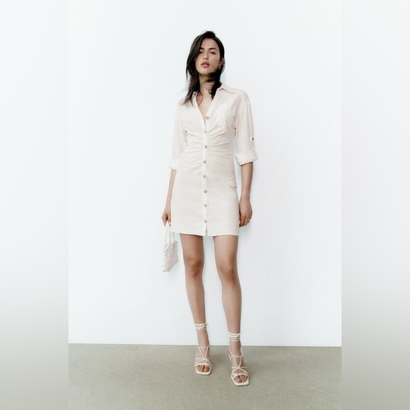Zara Dresses & Skirts - ZARA Linen Shirt Dress With Ruching Oyster White Small